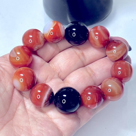 ORANGE SARDONYX + BLACK ONYX NATURAL STONES BRACELET size 7” - Picture 2 of 15